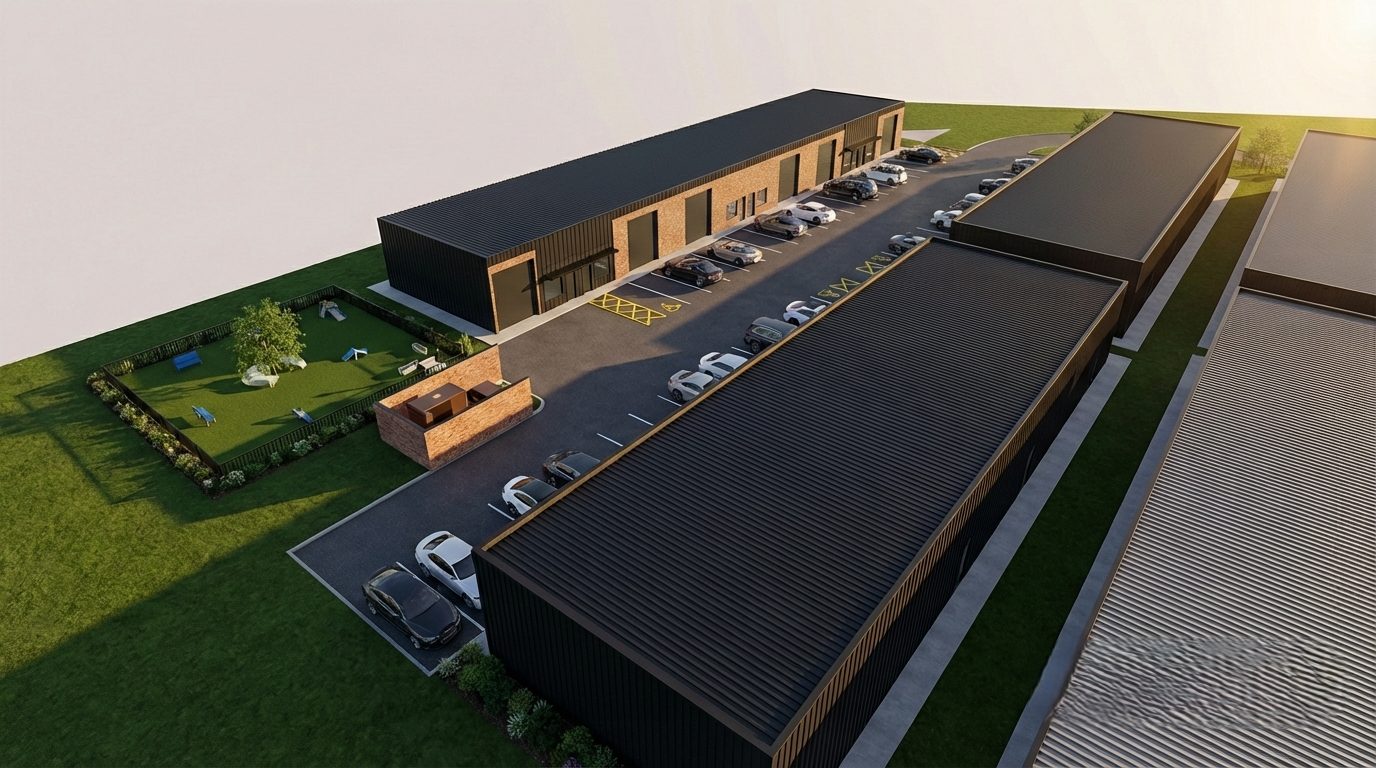 Rendering of the ForgeFlex Chelsea flex-industrial buildings, parking and dog park
